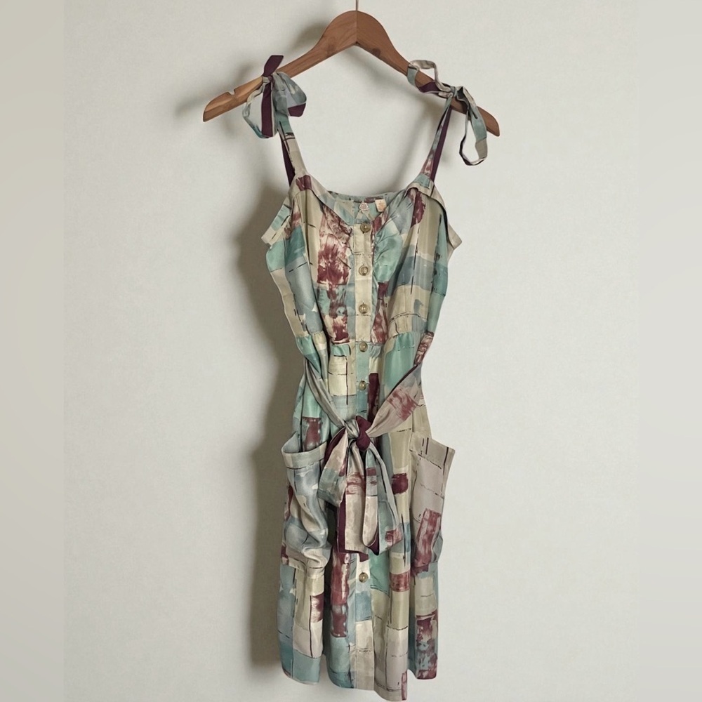 Anthropologie Maeve 100% Silk Button & Waist Tie Abstract Painters Dress size 2